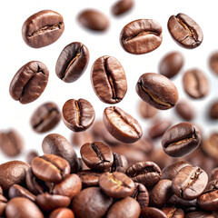 Wall Mural - Roasted coffee beans falling on heap against white background, closeup. Selective focus