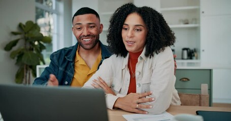 Aufkleber - Happy couple, laptop and wave with video call for virtual meeting, introduction or hello at home. Young man and woman with smile for online chat, telecommunication or greeting on computer at house