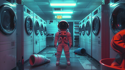 Wall Mural - a cartoon astronaut standing in a laundromat surrounded by washing machines and dryers.