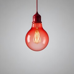 Wall Mural - close up isolated hanging red lightbulb with copy space background, representing great ideas