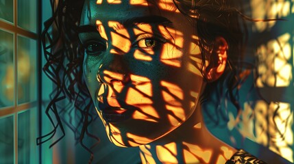 Poster - Woman face portrait in black. Young beauty female person dark model. Fashion night art hair. Background light with skin red. Studio color body white blue. Adult neon caucasian