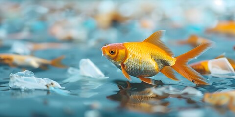 Wall Mural - Goldfish confront polluted habitat filled with floating trash facing grim reality. Concept Environmental pollution, Habitat destruction, Wildlife conservation, Plastic waste, Ecosystem degradation