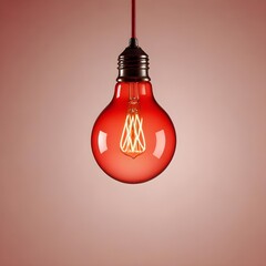 Wall Mural - close up isolated hanging red lightbulb with copy space background, representing great ideas