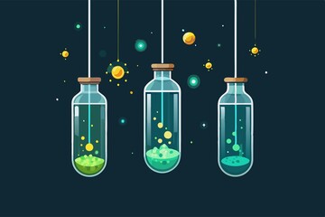 Wall Mural - delicate, glass-vial collection of tiny, glowing orbs suspended in mid-air, radiating an otherworldly glow, representing the power of sustainable innovation.