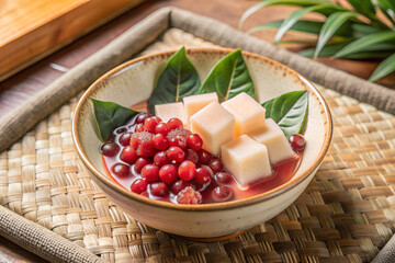 Japanese Anmitsu, A bowl of anmitsu with agar cubes, fruit, and red bean paste, set on a ceramic plate