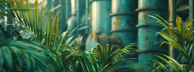 Wall Mural -  A tight shot of various plants before a structure, featuring green pipes along its side