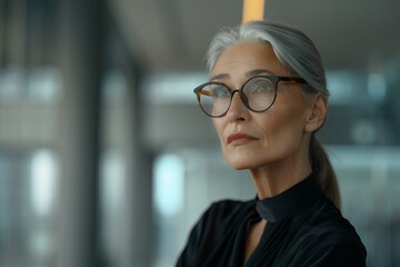 Wall Mural - A middleaged woman with glasses in an office setting, looking away and lost in thought. She has gray hair tied back and is wearing black attire. The background features blurred glass walls, suggesting