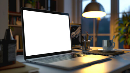 Laptop mockup in the home office. There is an open laptop on the desk with a cup of coffee and a cup with pens. The table is littered with books and other objects