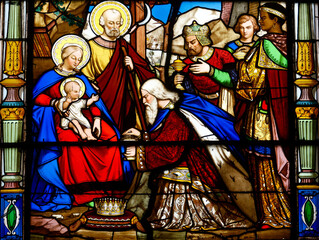 Wall Mural - Adoration of the Magi who lay before Infant Jesus gifts of gold, frankincense, and myrrh. Adoration des Mages qui déposent devant l'Enfant Jésus des cadeaux d'or, encens, myrrhe