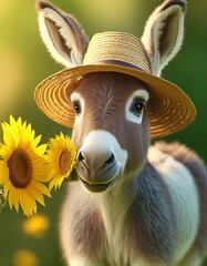 Wall Mural - Donkey eating a sunflower with a hat 3d