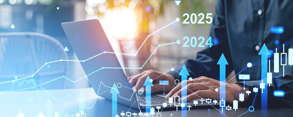 Poster - Hands typing on a laptop with overlay of financial graphs and charts, in a modern office setting, concept of business growth and future forecast