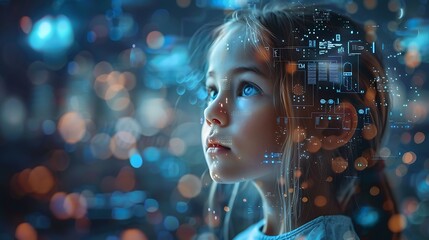 Wall Mural - Embracing the Future: A little girl's Face Blending with AI Technology