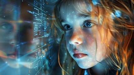 Wall Mural - Embracing the Future: A little girl's Face Blending with AI Technology