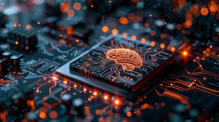 Wall Mural - A closeup photo of a glowing brain icon on a CPU surrounded by interactive holographic elements