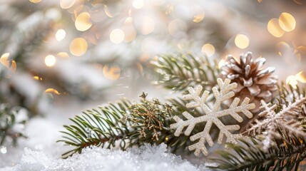 Poster - A close-up shot of a Christmas-themed spruce branch decorated with delicate snowflake ornaments, set against a soft-focus background