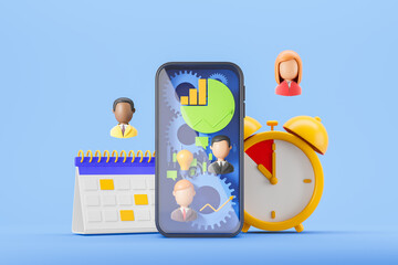 Poster - Cartoon figures with phone, business tasks and calendar with clock