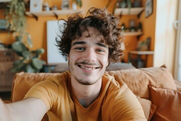 Wall Mural - Happy young man taking a selfie while smiling at the camera in the living room, looking into the frame and having a video call with friends online using his smartphone, casual wear, curly hair, natura