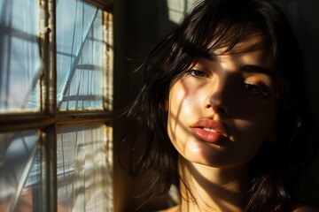 Poster - Female beauty portrait. Young women with attractive face. Pretty caucasian adult lady. Happy lifestyle, hair cute. Fashion model, white summer light. Brunette posing, indoor home.