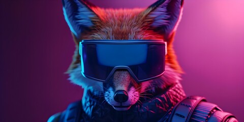 Poster - 3D rendering of a fox in cyberpunk gear and neon virtual glasses. Concept Cyberpunk Fox, 3D Rendering, Neon Virtual Glasses, Futuristic Animal Art