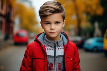 Wall Mural - A young boy wearing a red jacket stands in front of a red car