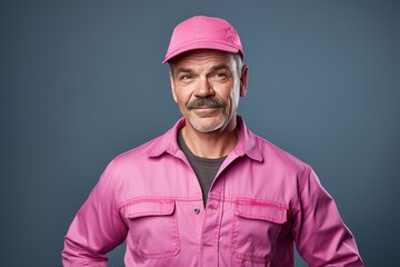 Wall Mural - A man in a pink shirt and hat is smiling
