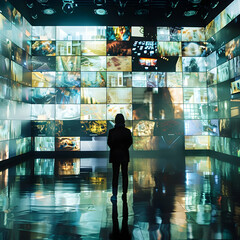 Wall Mural - Multimedia exploration. A person stands in contemplation before a vast video wall displaying an array of images, showcasing technology's power to captivate and inform.