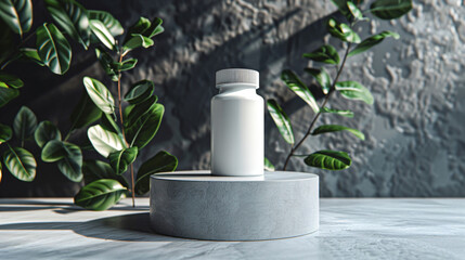 Poster - White Pill Bottle on Stone Podium with Green Plants.