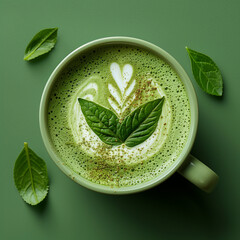 Cup of matcha latte with directional shadow, with milk foam art in the shape of a leaf in the center, over a pastel green background