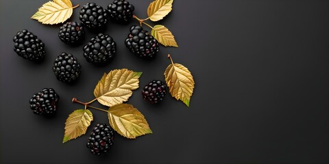 Wall Mural - Luxurious black mulberry with gold leaves on black background for food design. Concept Food Styling, Culinary Photography, Elegant Design, Luxurious Presentation, Sophisticated Food Art