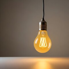 Wall Mural - close up isolated hanging yellow lightbulb with copy space background, representing great ideas