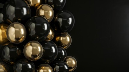 Poster - A close-up shot of chic black and gold balloons arranged artistically against a dramatic black backdrop, creating a visually appealing and elegant display