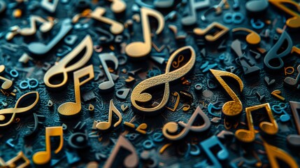 Poster - A close-up image of various gold and blue musical notes scattered across a dark textured surface, creating a dynamic and abstract pattern