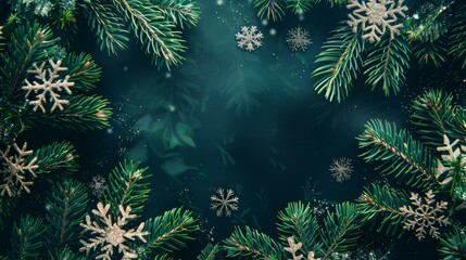 Wall Mural - A close-up image of a spruce branch decorated with glittering snowflakes arranged in a circular frame against a dark green background