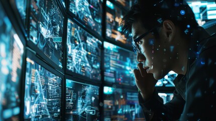 Wall Mural - A cybersecurity expert examines data on multiple screens in a dark room, emphasizing the importance of encryption for secure data management