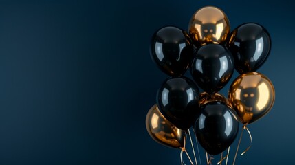 Poster - A high-angle photo of black and gold balloons against a deep blue background. The balloons are elegant and create a sophisticated aesthetic