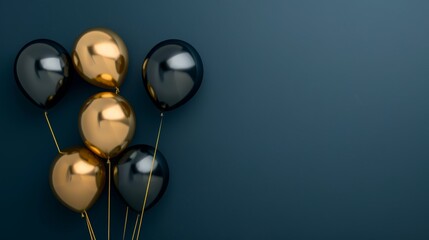 Poster - A high-angle photo of elegant black and gold balloons against a deep midnight blue background, creating a sophisticated and festive atmosphere