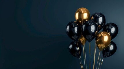 Poster - A high-angle photo of elegant black and gold balloons against a deep midnight blue background