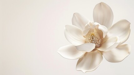 Poster - A high-resolution, close-up photograph of a white magnolia flower, isolated against a soft background, captures the delicate beauty of nature in a contemporary artistic style
