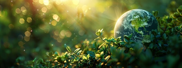 Earth in a grassy field with sun filtering through trees