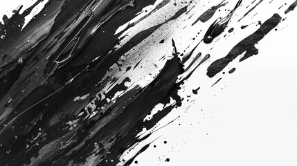 Detailed depiction of black abstract splashes and paint strokes with a grunge texture, set against a clean white background, in a minimalist Japanese style