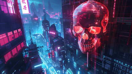 Wall Mural - Neon signs in the shape of a skull flicker above a cyberpunk cityscape