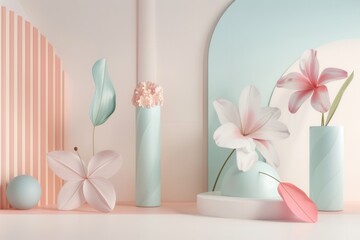 Poster - Minimalist geometric floral arrangements in a modern studio setting, featuring pastel colors and clean lines. Generative AI