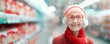 © narak0rn - Happy elderly woman wearing red winter clothing and glasses, shopping in supermarket, smiles brightly amidst store aisles.