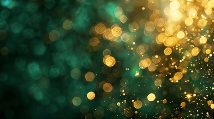 Poster - A closeup of elegant gold bokeh lights against a softly blurred emerald green background