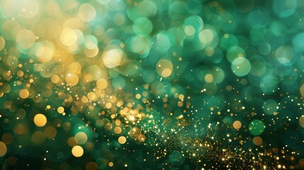 Poster - A close-up photograph showcasing a soft, blurred emerald green background with shimmering gold bokeh lights