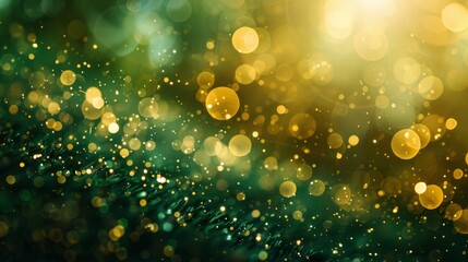 Poster - A close-up photo of shimmering gold bokeh lights against a softly blurred emerald green background. The image creates a luxurious and festive feel
