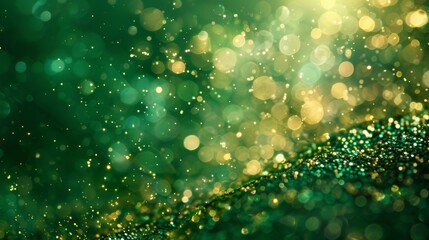 Poster - A wide-angle photo of gold bokeh scattered across a defocused emerald green background, creating a dreamy and elegant ambiance