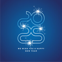 Sticker - Happy New Year 2025 eve ultra modern neon line design numbers typography white blue icon logo with sparkle firework