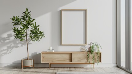 Poster - A blank poster frame mockup in a contemporary living room with a plant in a pot, a wooden cabinet, and sunlight streaming in