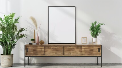 A black poster frame mockup stands on a wooden console in a modern living room with plants, a vase, and a sculpture. White wall, window in background